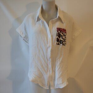 NWT Womens Romi Basha White "Michelle" Leopard & Paisley Button Down Shirt S*
